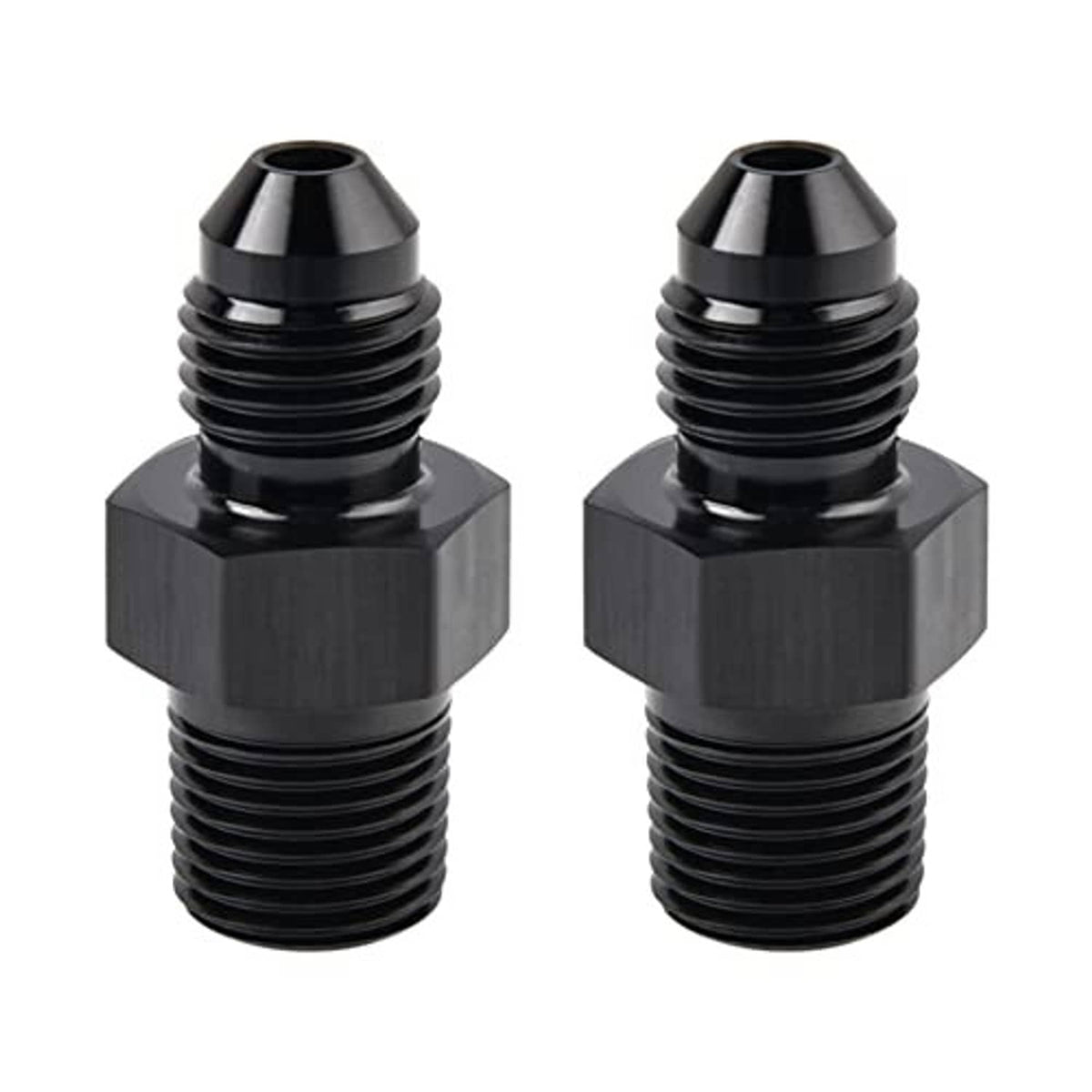Pair of black AN flare to 1/8 NPT straight adapter fittings with threaded ports