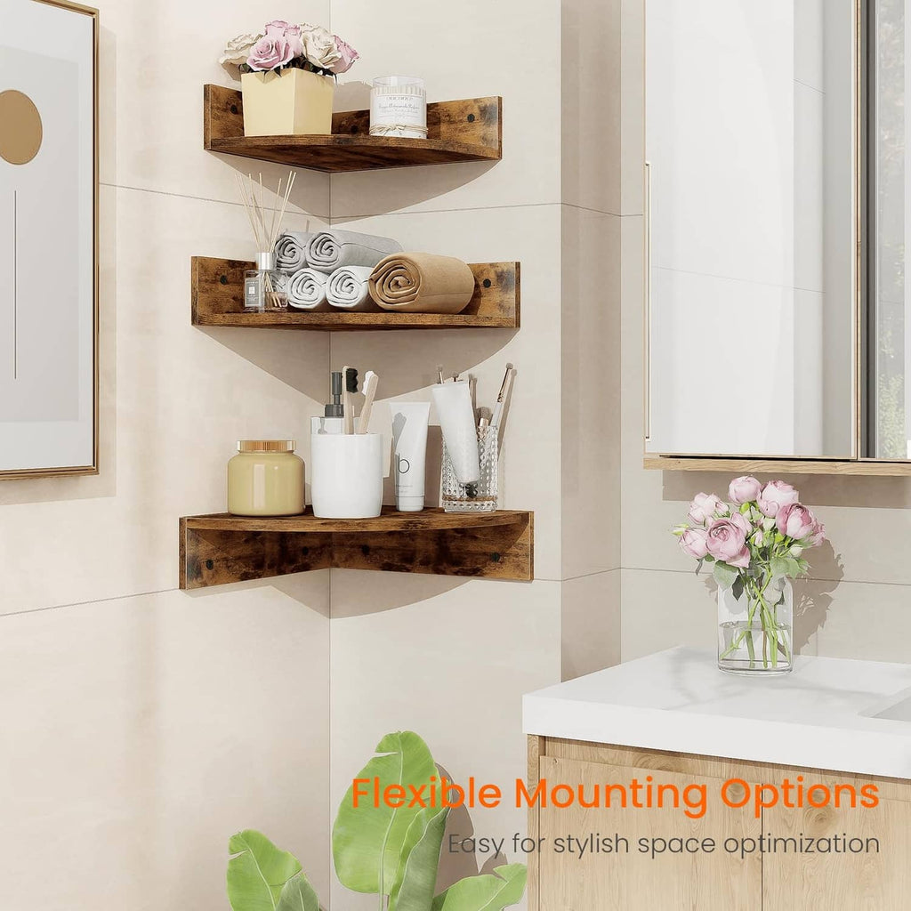 Brown corner floating shelves in staggered layout, wall-mounted with open back design