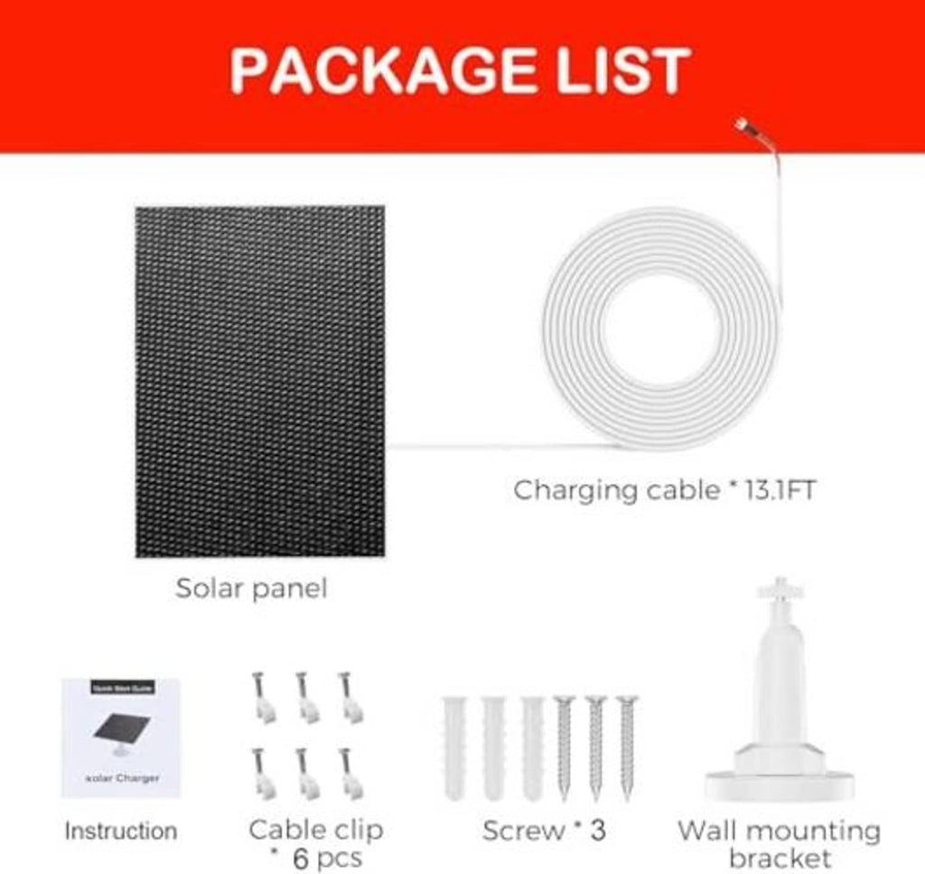 Solar panel charger package contents: solar panel, cable, clips, screws, and wall bracket
