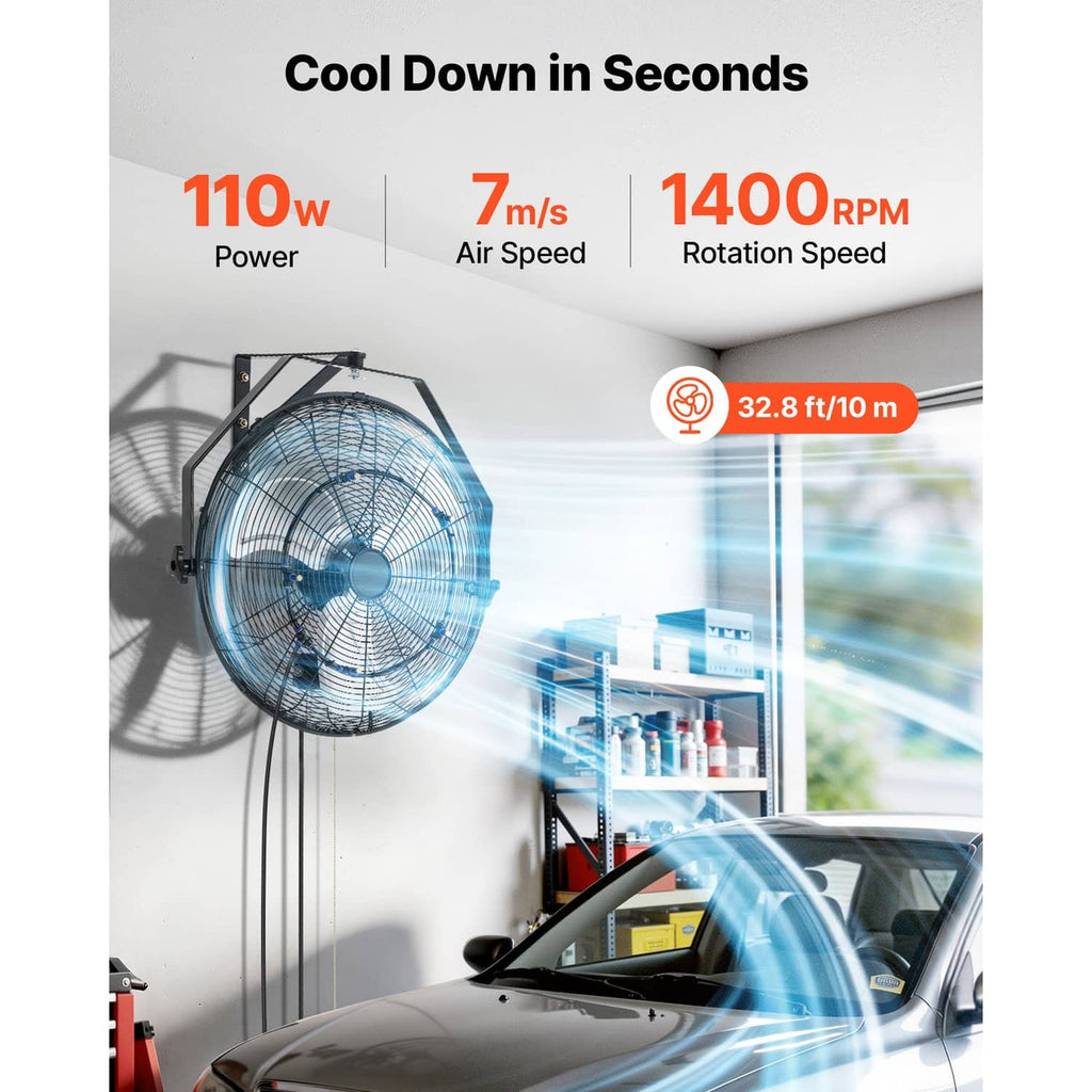 Wall-mounted fan with mist feature and protective metal fan cage