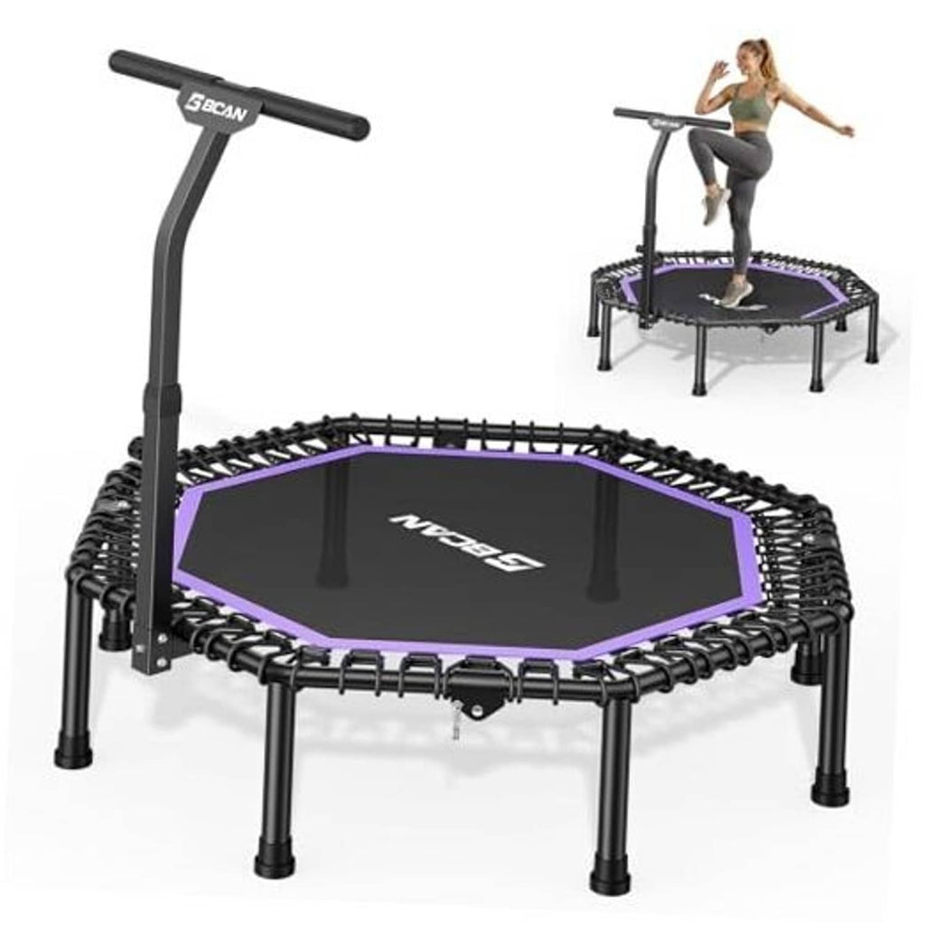 Octagonal rebounder trampoline with black frame and purple-trimmed jumping mat