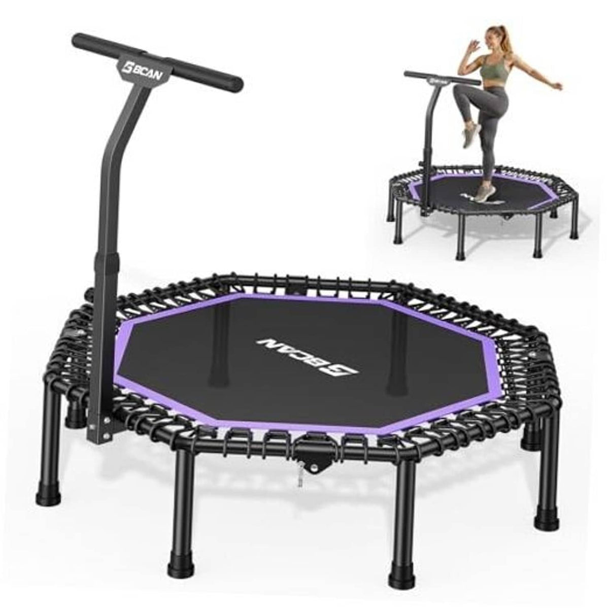 Octagonal rebounder trampoline with black frame and purple-trimmed jumping mat