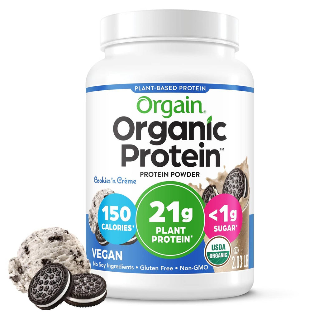Organic vegan protein powder tub with Cookies 'n Cream label
