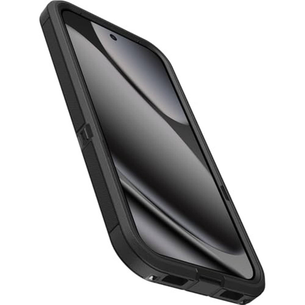 Side view of dark black rugged phone case for Pixel 10 Pro XL with textured grip edges.
