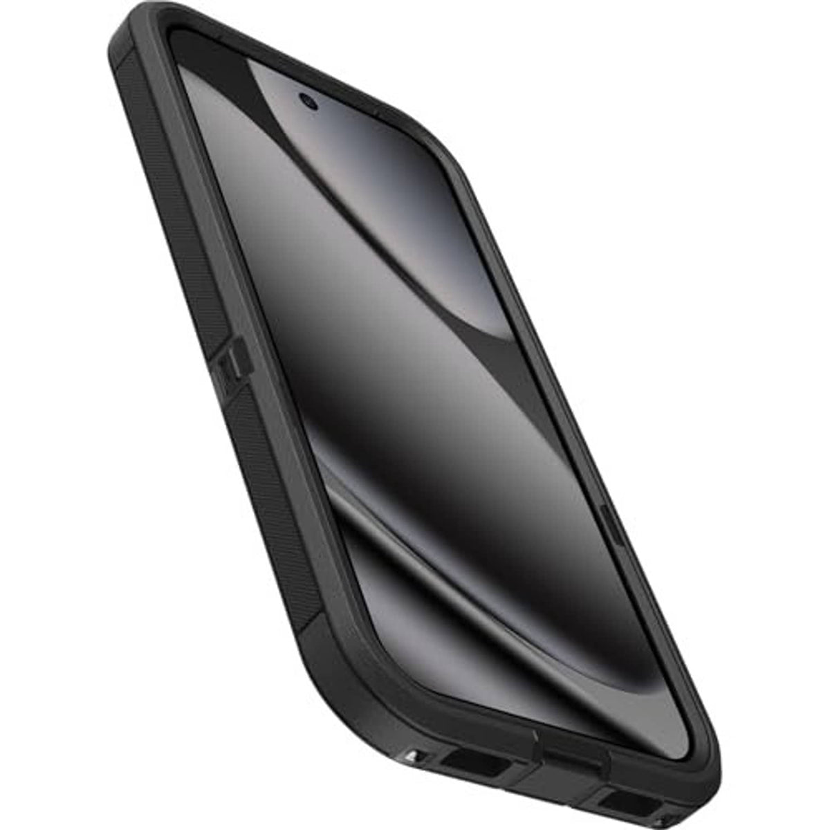 Side view of dark black rugged phone case for Pixel 10 Pro XL with textured grip edges.
