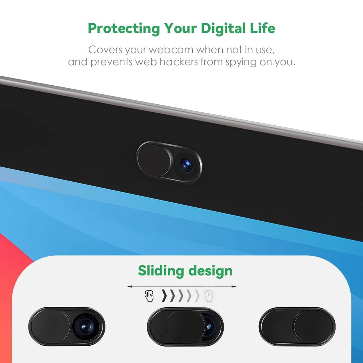 Black webcam slide cover with circular shutter covering the lens opening