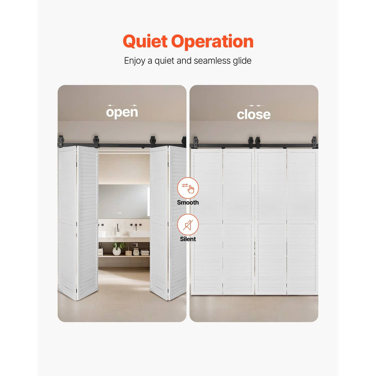 Bi-fold sliding barn door track kit with rollers for smooth quiet glide on white doors