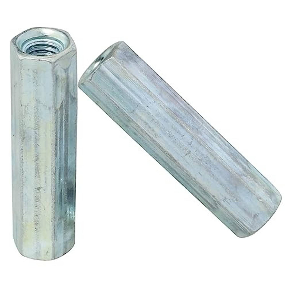 Long hex coupling nut with M6 female thread and zinc-plated finish, hex exterior