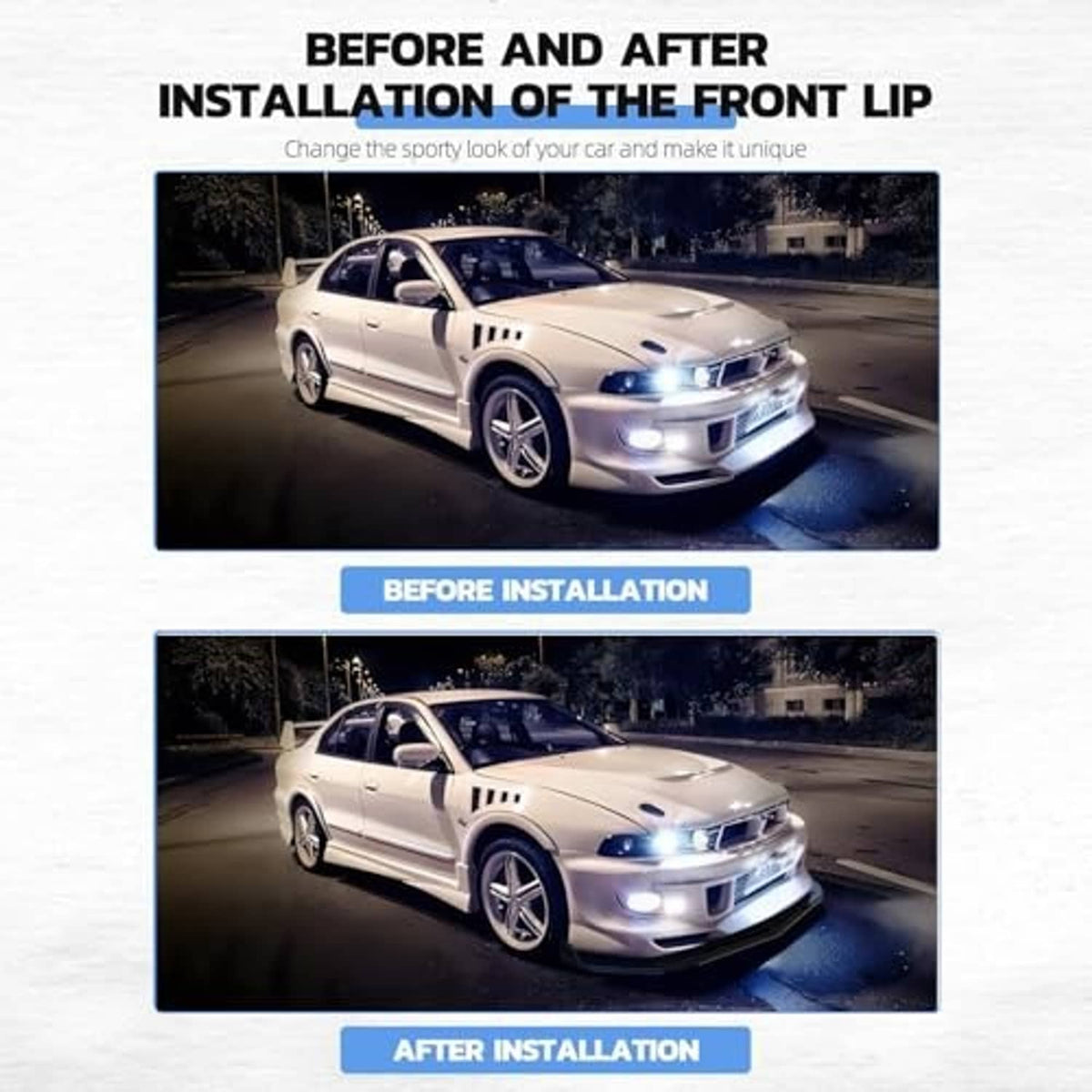 Glossy black universal front bumper lip spoiler shown before and after install