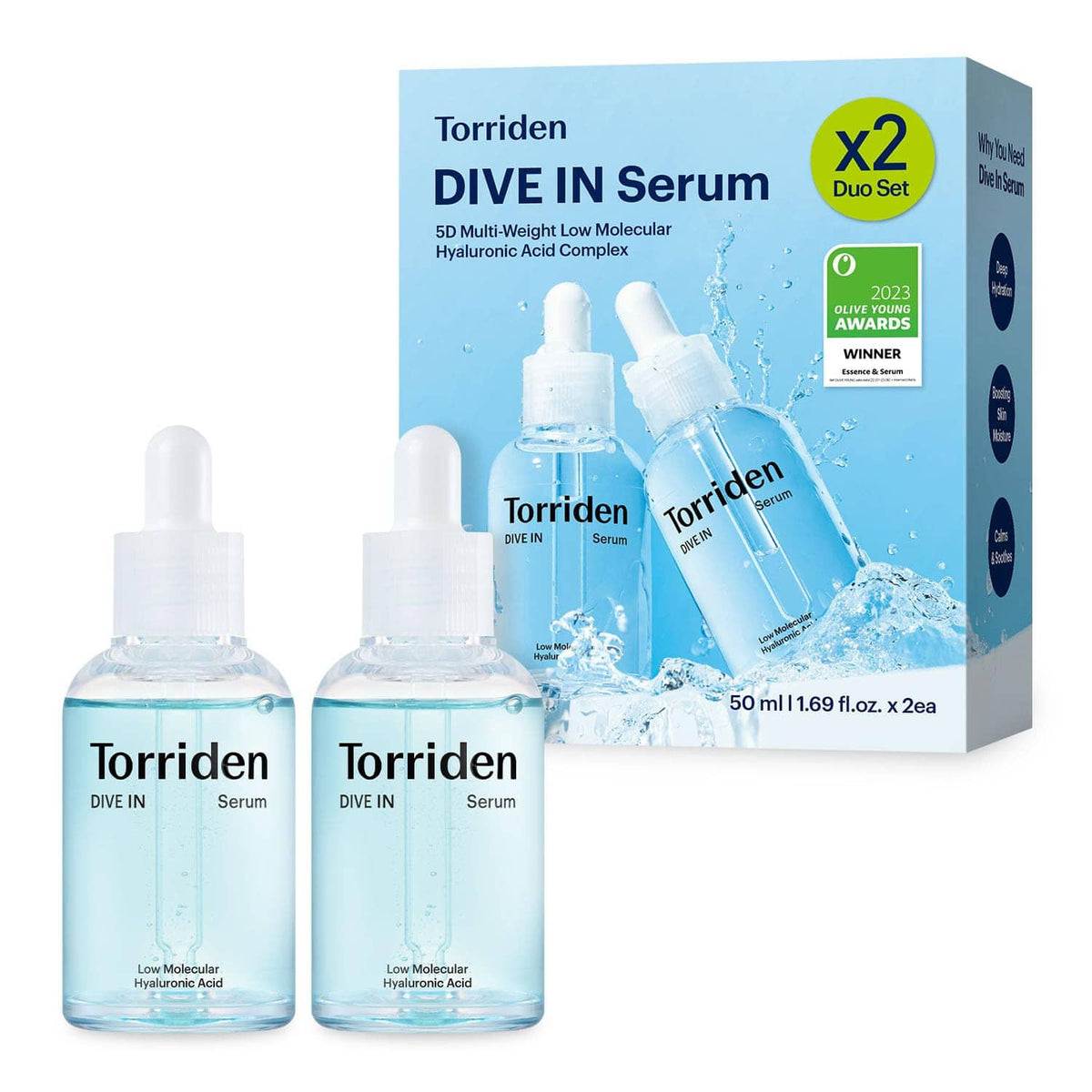 Torriden DIVE IN hyaluronic acid serum duo set with two blue glass bottles and box