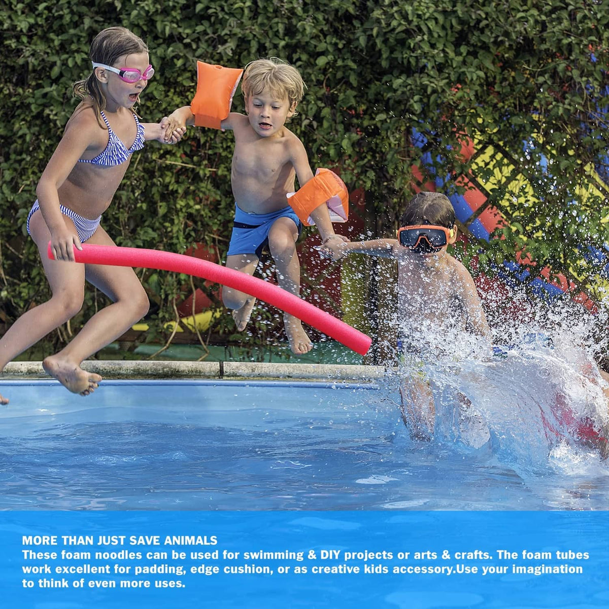 Red pool skimmer tube accessory in a backyard pool with children playing nearby