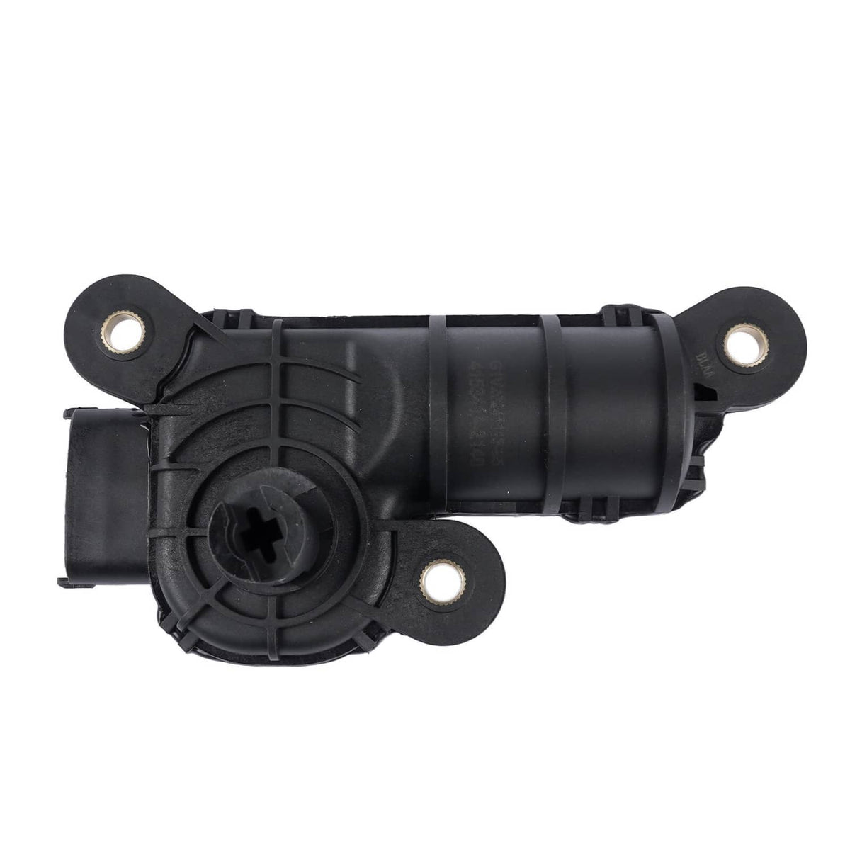 Black intake manifold runner control motor with long cylindrical body and four mounting ears