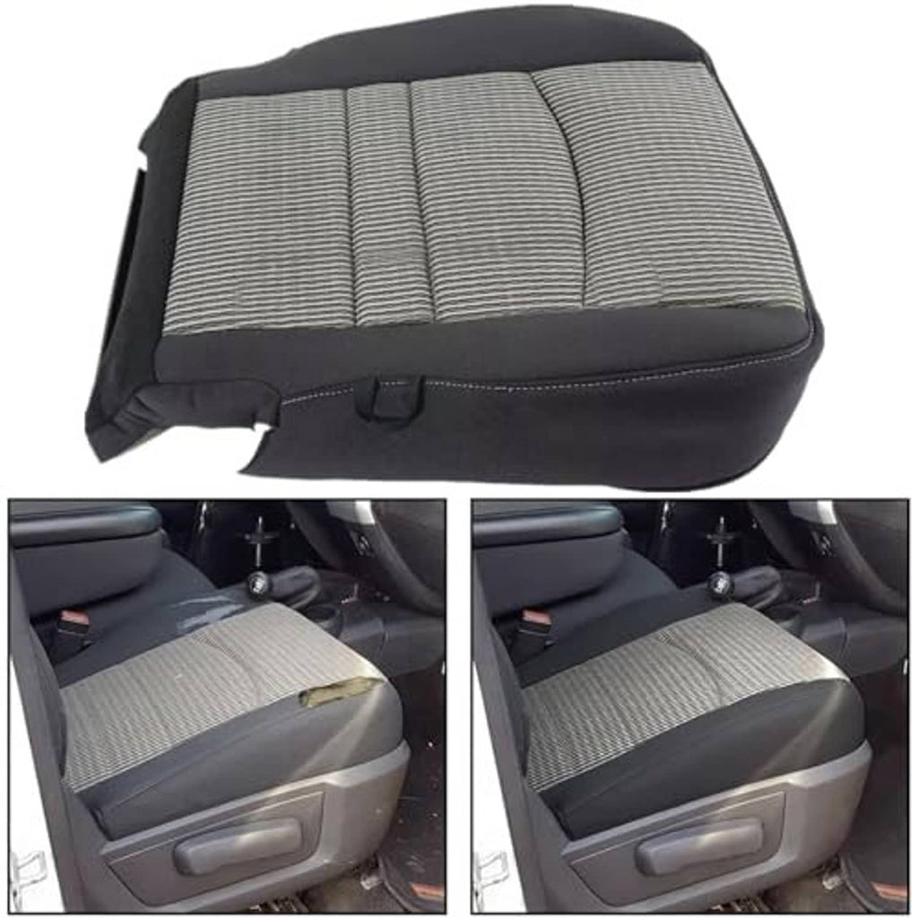 Driver-side seat bottom cover shown installed, with gray striped center panel and dark trim