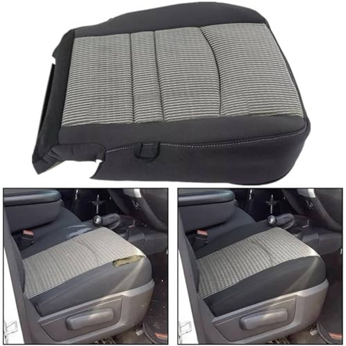 Driver-side seat bottom cover shown installed, with gray striped center panel and dark trim