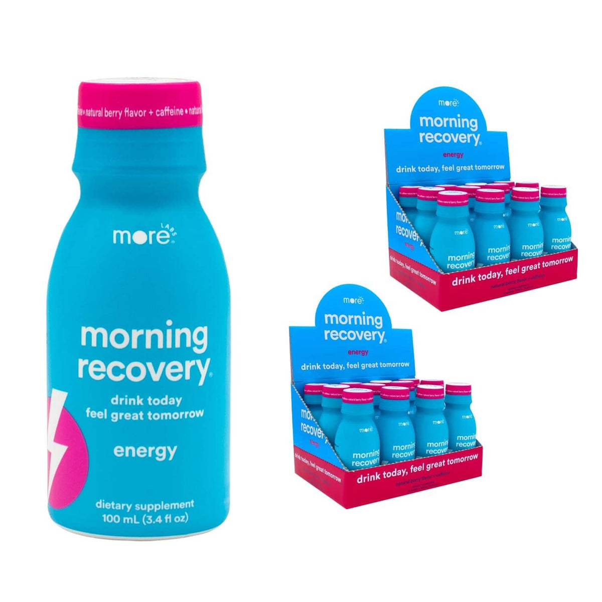 Teal electrolyte drink bottle with pink cap, energy label