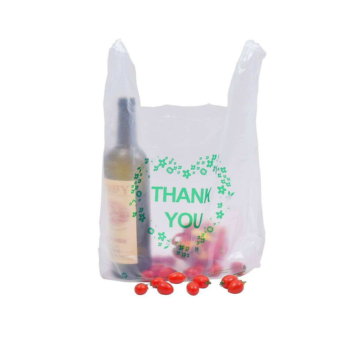 White plastic grocery bag with handles, green THANK YOU print, filled with items