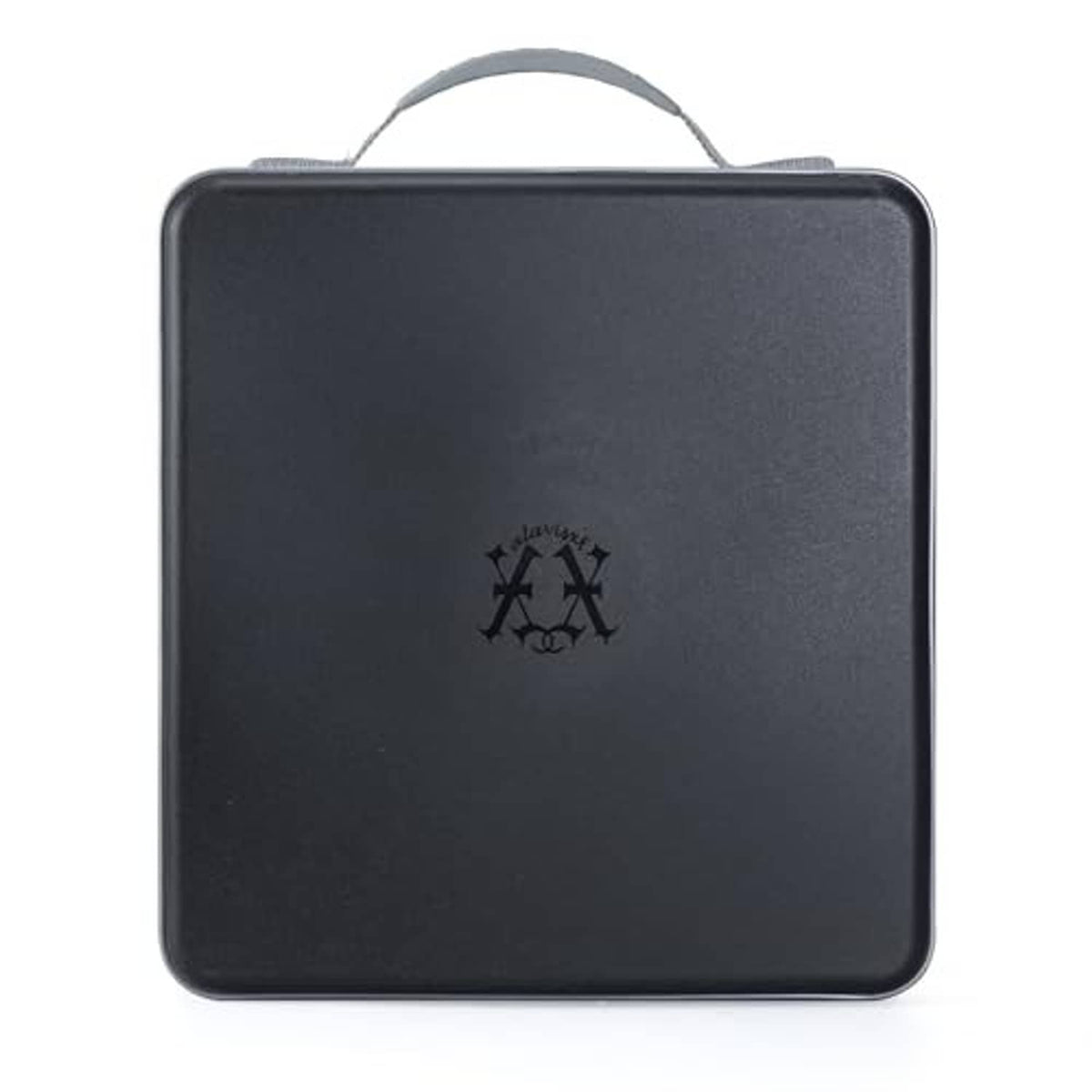 Black hard plastic CD case with carry handle and embossed logo on front