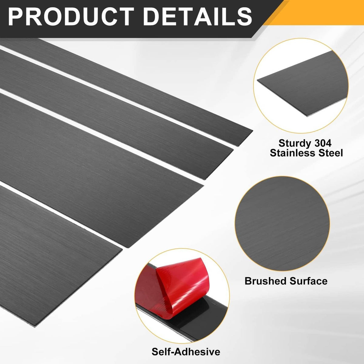 Brushed black stainless steel gap filler strips with self-adhesive backing, brushed finish
