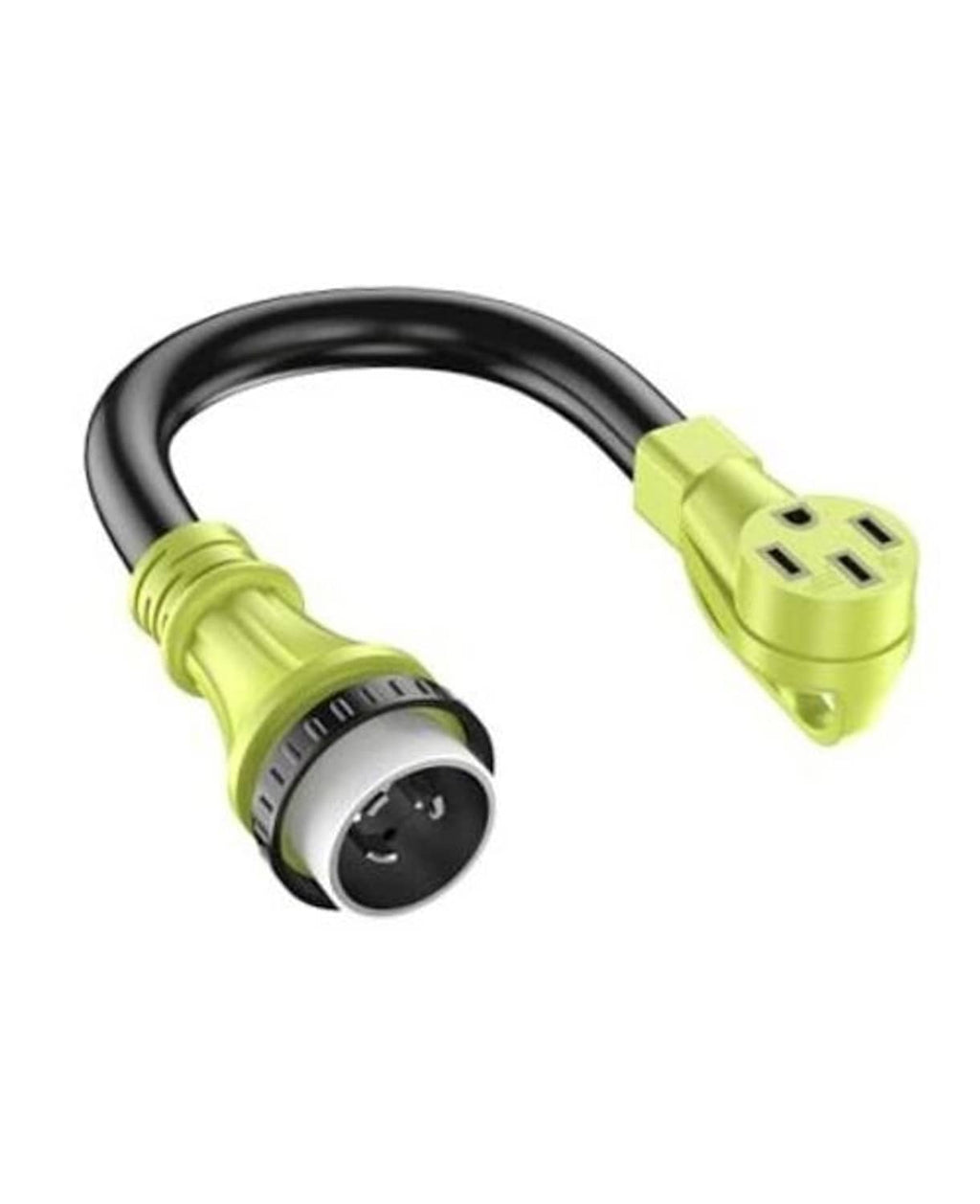RV twist-lock adapter cord with grip handle, green body and black cable, male plug