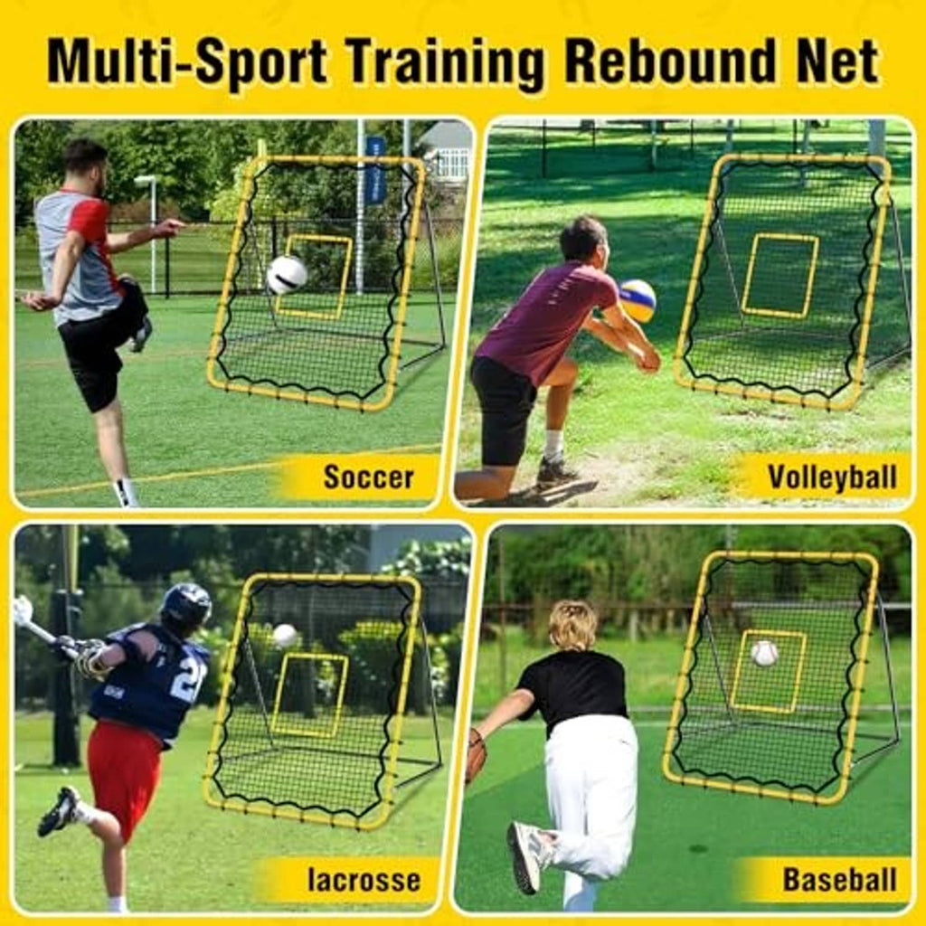 Multi-sport rebound net with square target window, yellow frame and black grid mesh