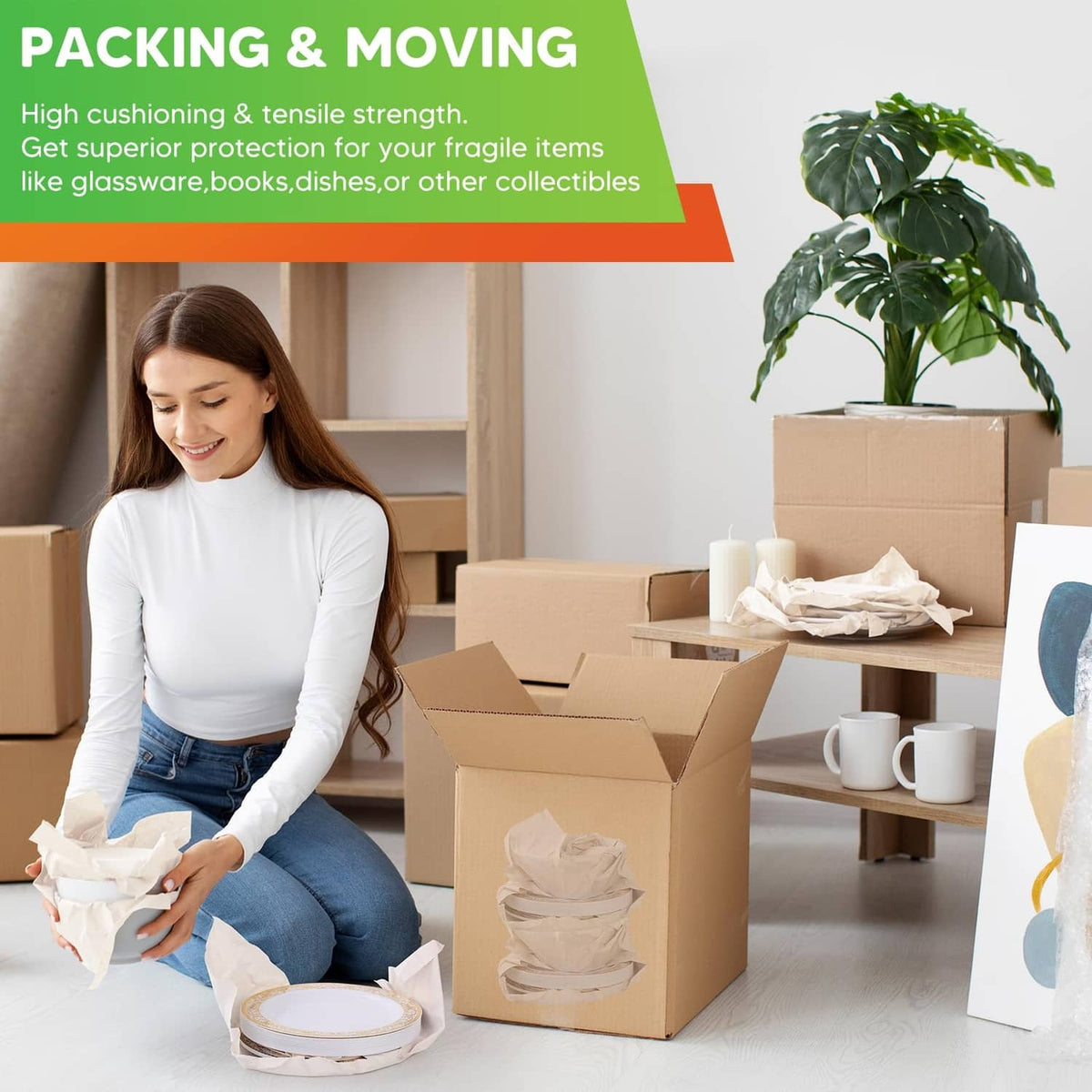 White packing paper sheets used for moving boxes, cushioning and wrapping fragile items