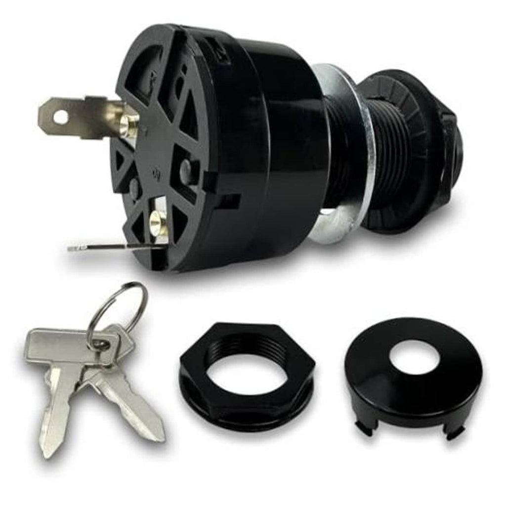 Black golf cart ignition key switch with mounting tab, two keys, and black nut/cap set