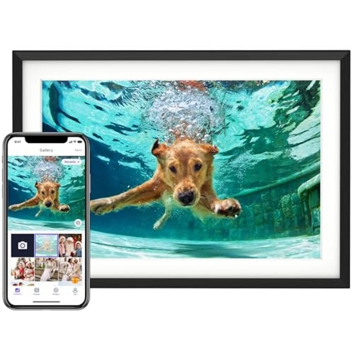 Black digital picture frame with underwater dog photo, smartphone beside it