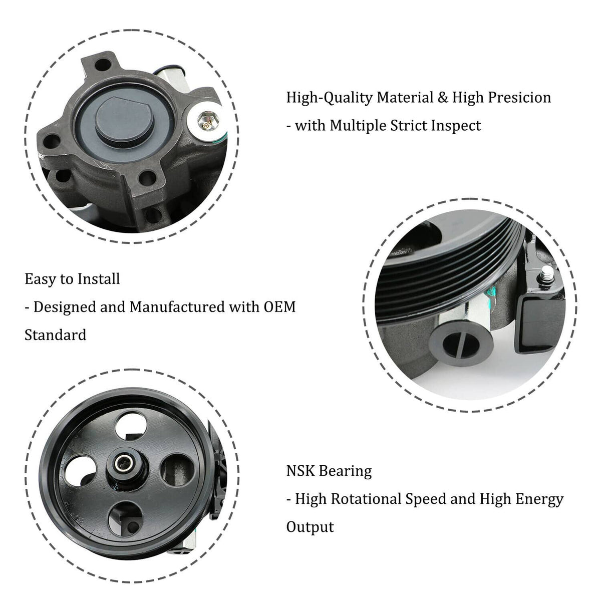 Power steering pump features, close-up views of pulley and mounting plate