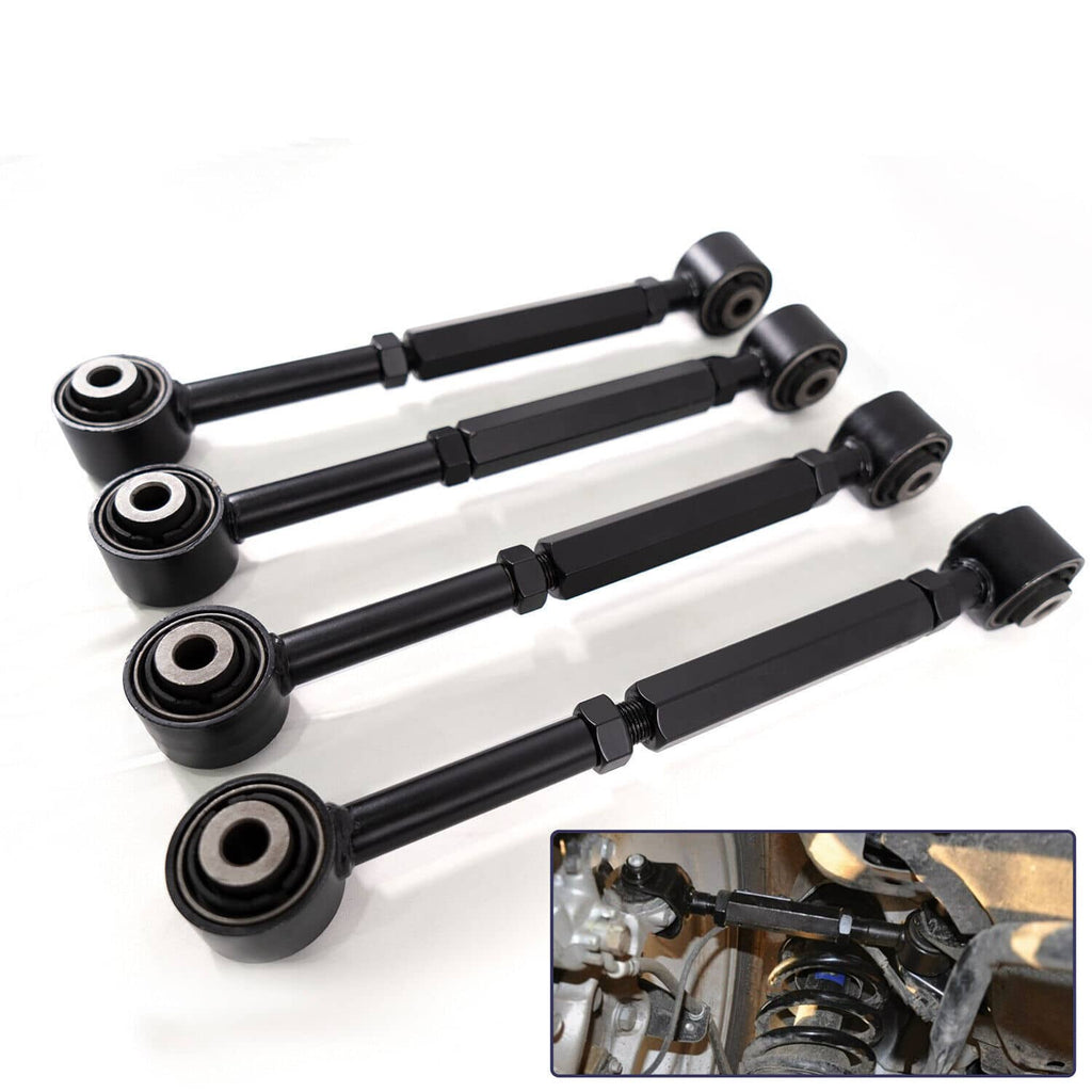Four black rear control arms with round bearings and rubber bushings, set view