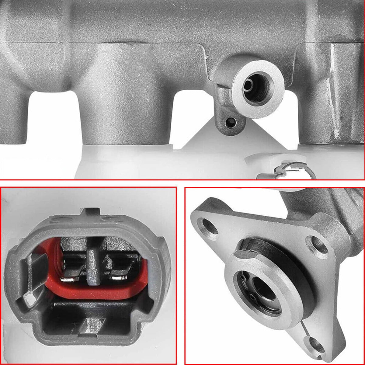 Brake master cylinder detail view of metal body and ports with mounted fitting