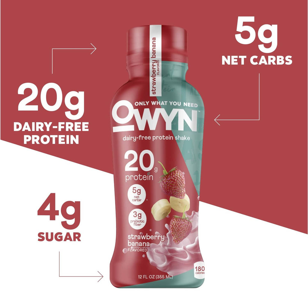 OWYN strawberry banana protein shake bottle with 20g protein, 4g sugar, 5g net carbs