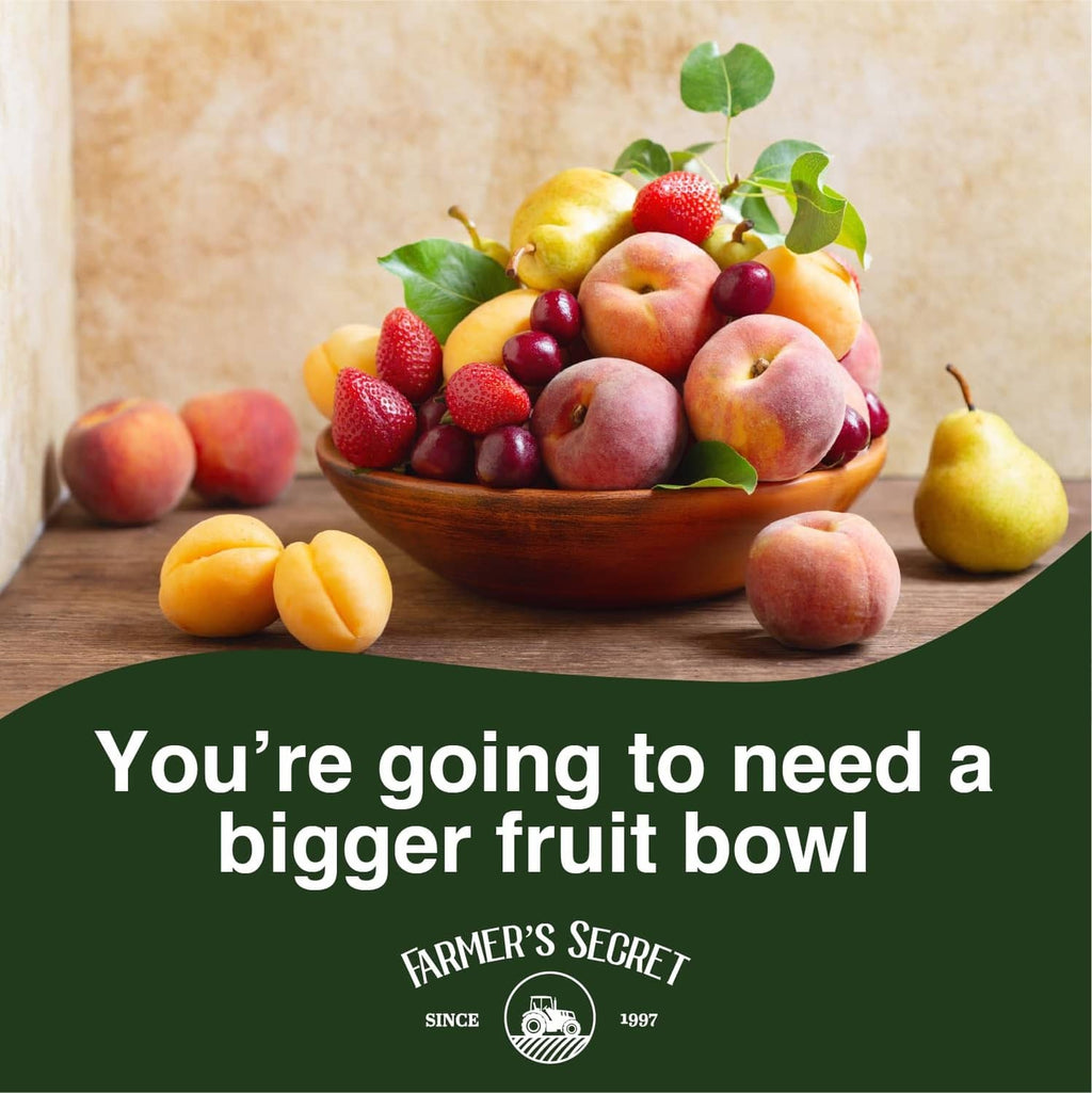 Fruit tree booster fertilizer label panel with fruit bowl graphic and title