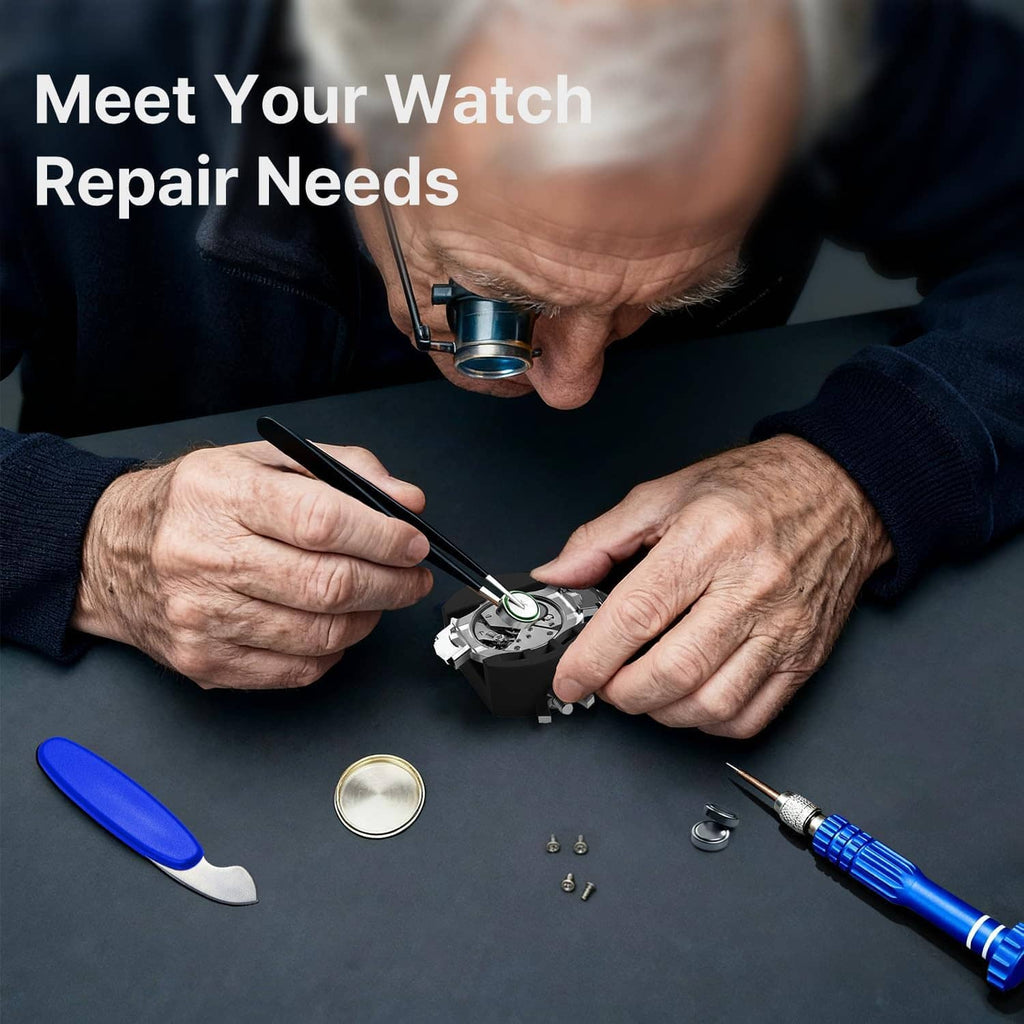 Watch repair toolkit in use with blue screwdriver and tools beside an opened watch