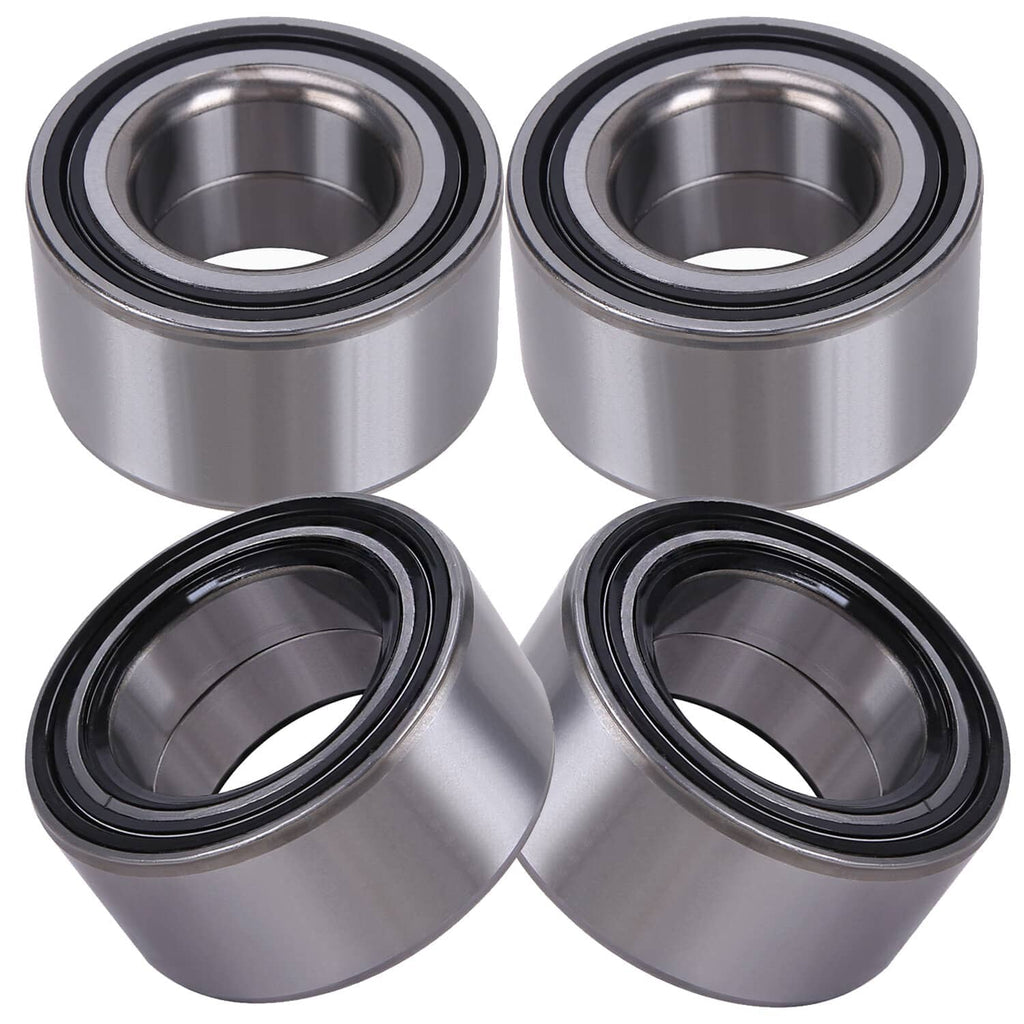 Set of four metal wheel bearings with black rubber seals and inner steel race