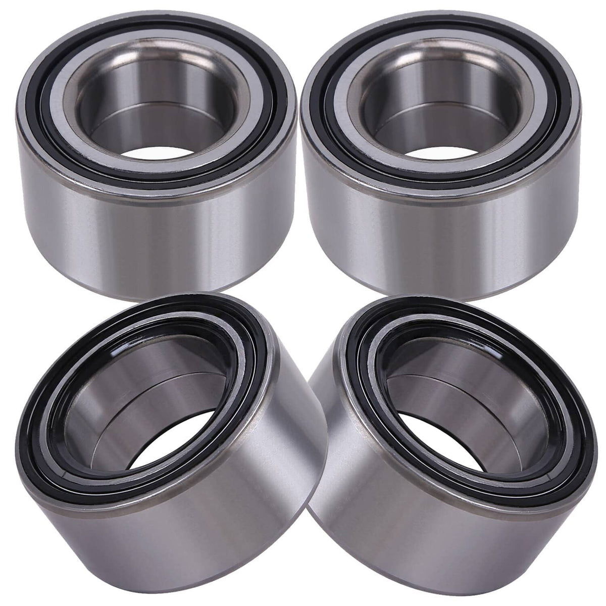 Set of four metal wheel bearings with black rubber seals and inner steel race