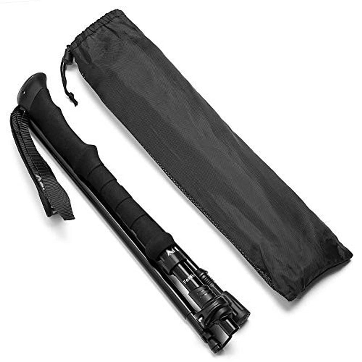 Dark collapsible trekking poles stored in long fabric carry sleeve with wrist strap