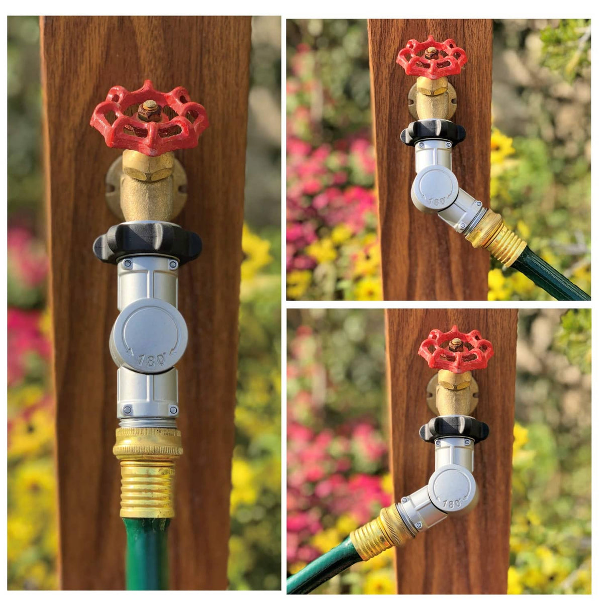 Swivel hose connector with black control piece attached to garden hose and sprinkler