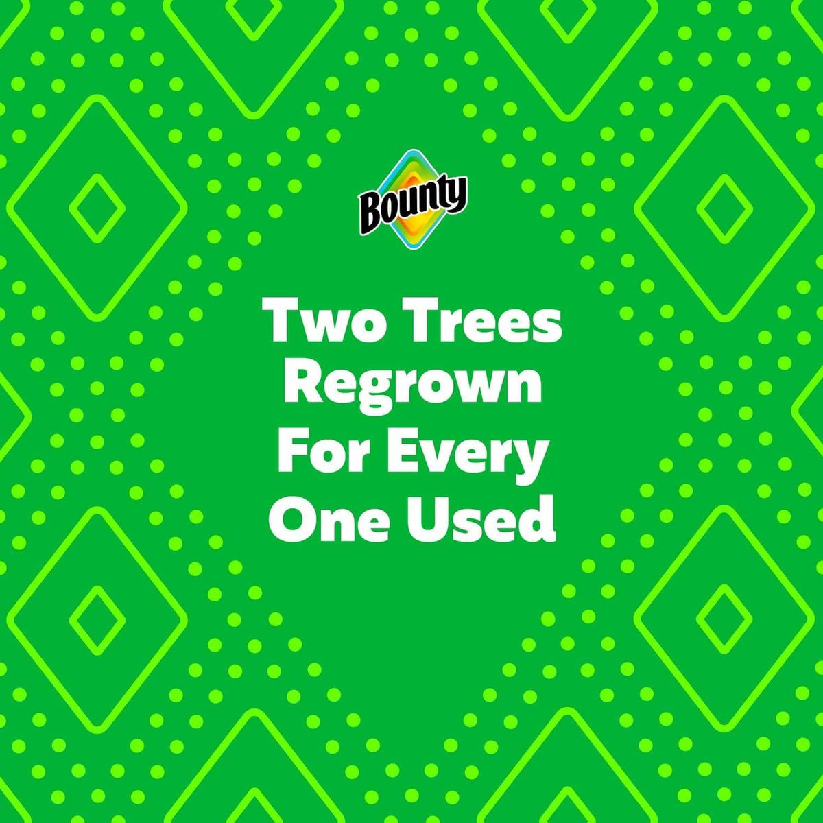 Bounty paper towel packaging with green “Two Trees Regrown” graphic