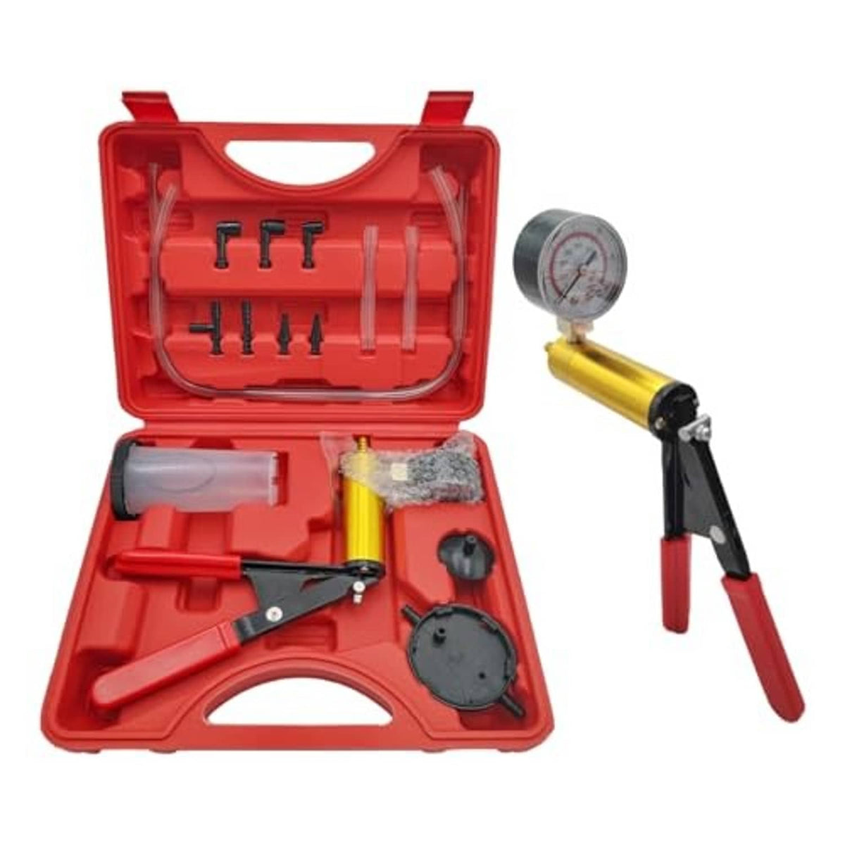 Brake bleeder vacuum pump kit with pressure gauge and gold cylinder, red handle