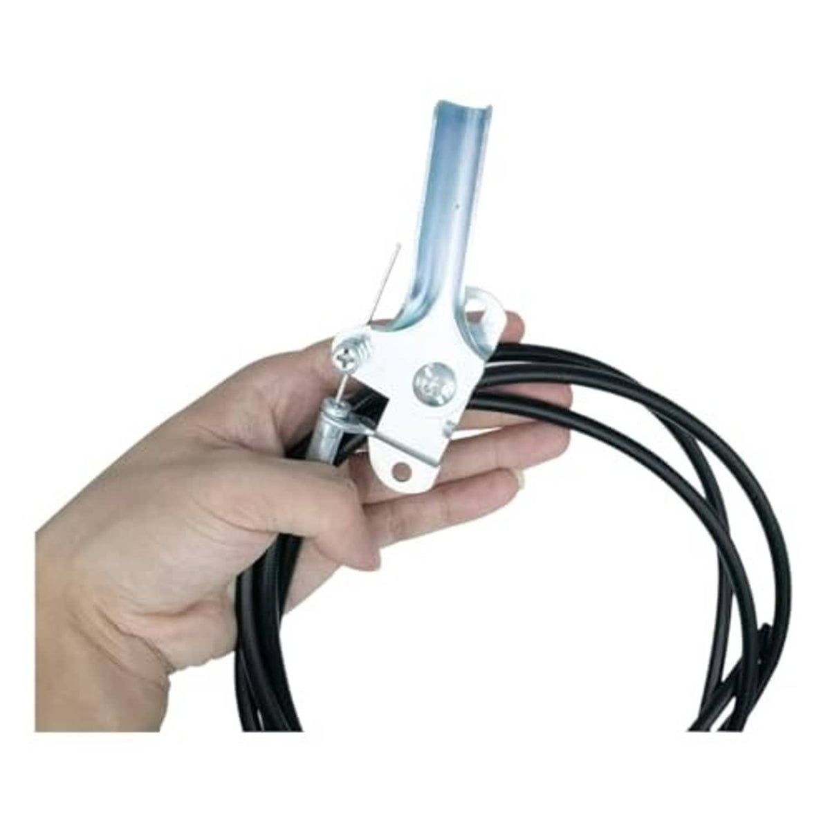 Throttle control cable assembly held by hand: black cable with metal mounting bracket