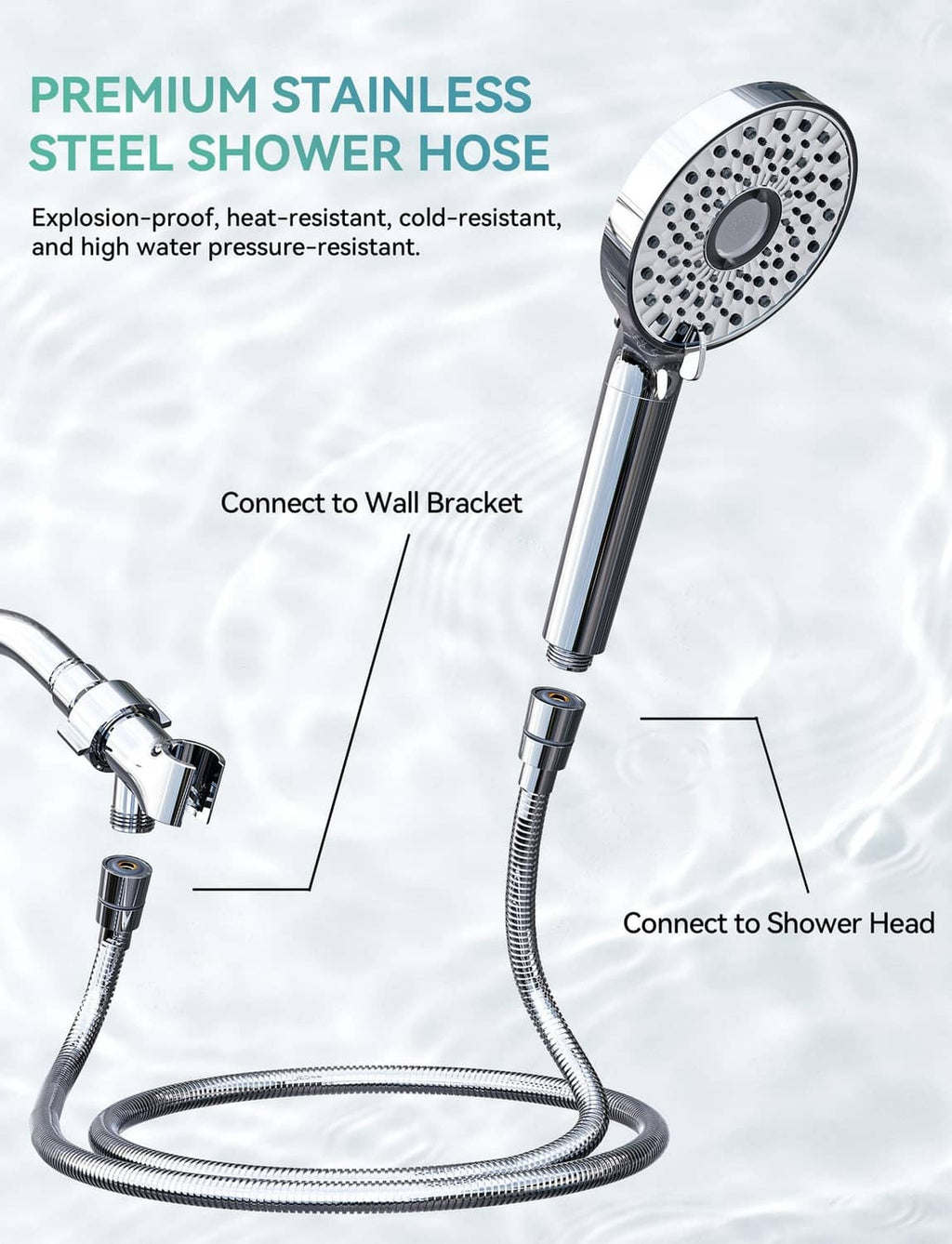 Premium stainless steel handheld shower hose set with wall-mount connection parts
