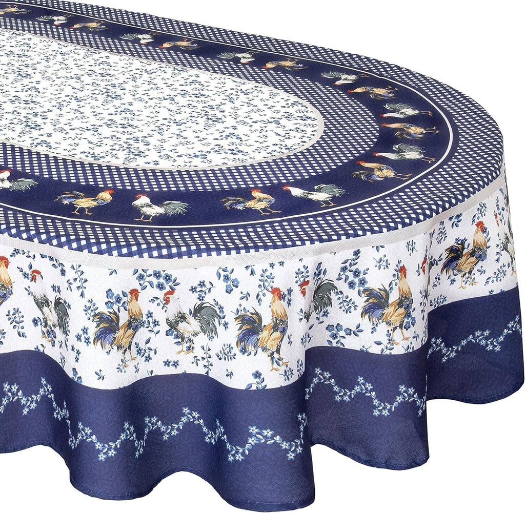 Blue oval tablecloth close-up: circular farm motif with navy check-trim border