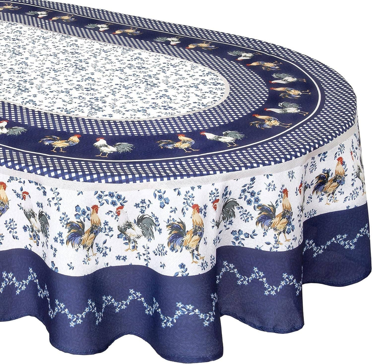 Blue oval tablecloth close-up: circular farm motif with navy check-trim border