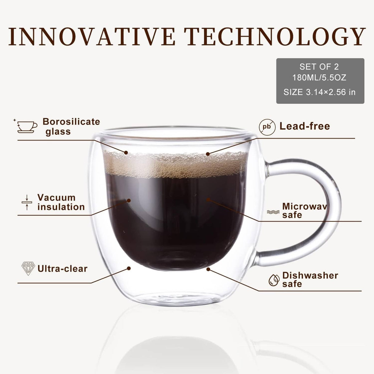 Clear double-wall glass espresso cup with side handle, double-wall construction