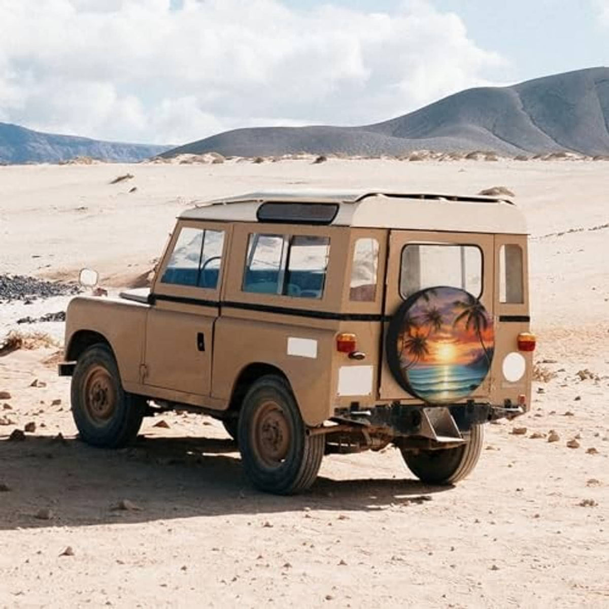 Spare tire cover on a SUV: tropical sunset beach scene with palm tree design