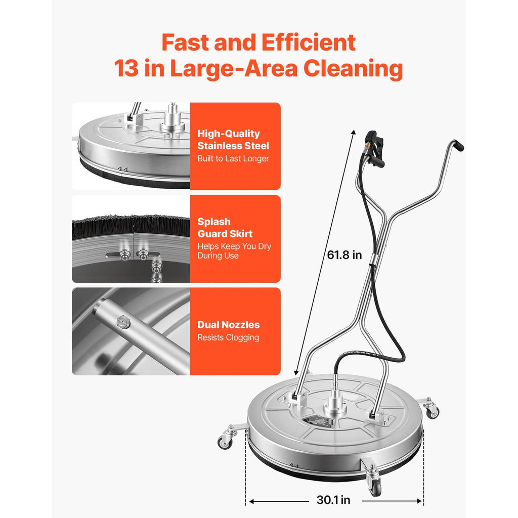 Round pressure washer surface cleaner with dual nozzle setup and long steel handle