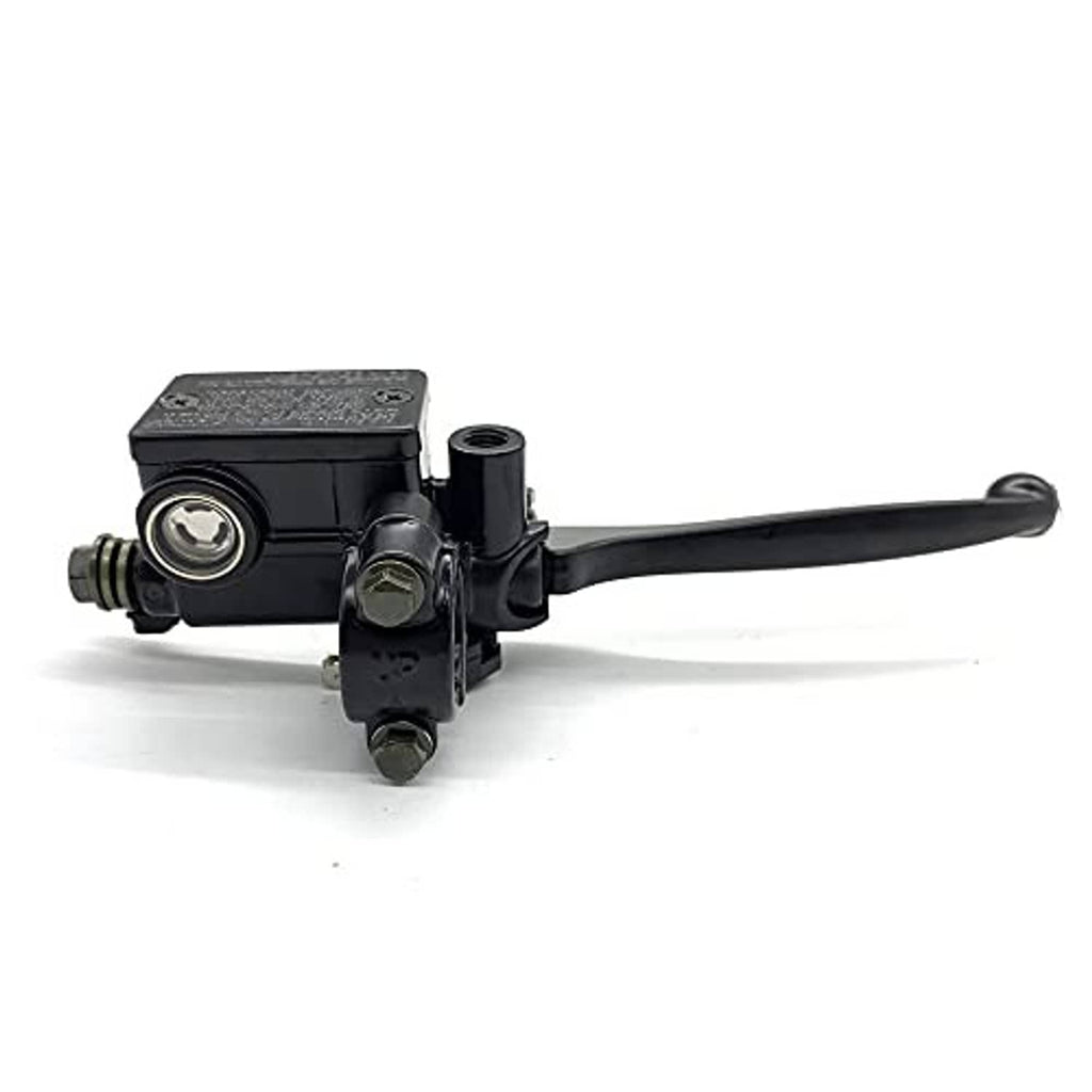 Right-hand motorcycle brake master cylinder with reservoir cap and mounting hardware, side view