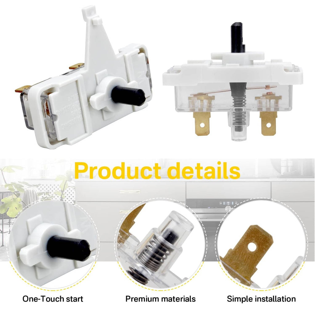White push-to-start dryer switch with black button, spring, and brass electrical terminals