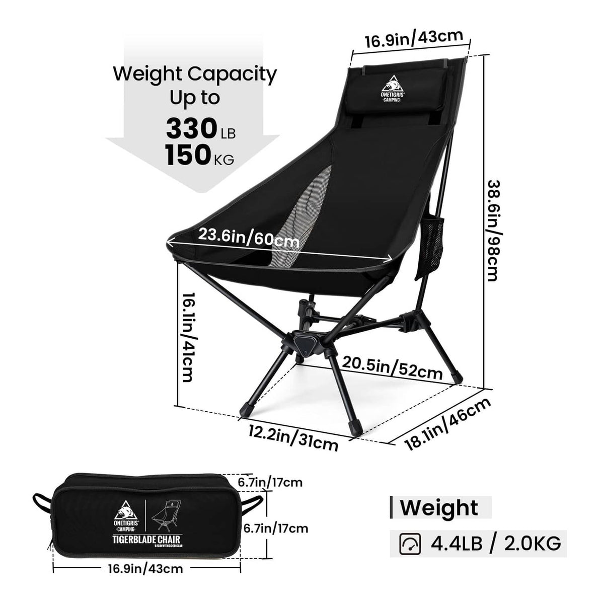 Black high-back folding camping chair with carry bag