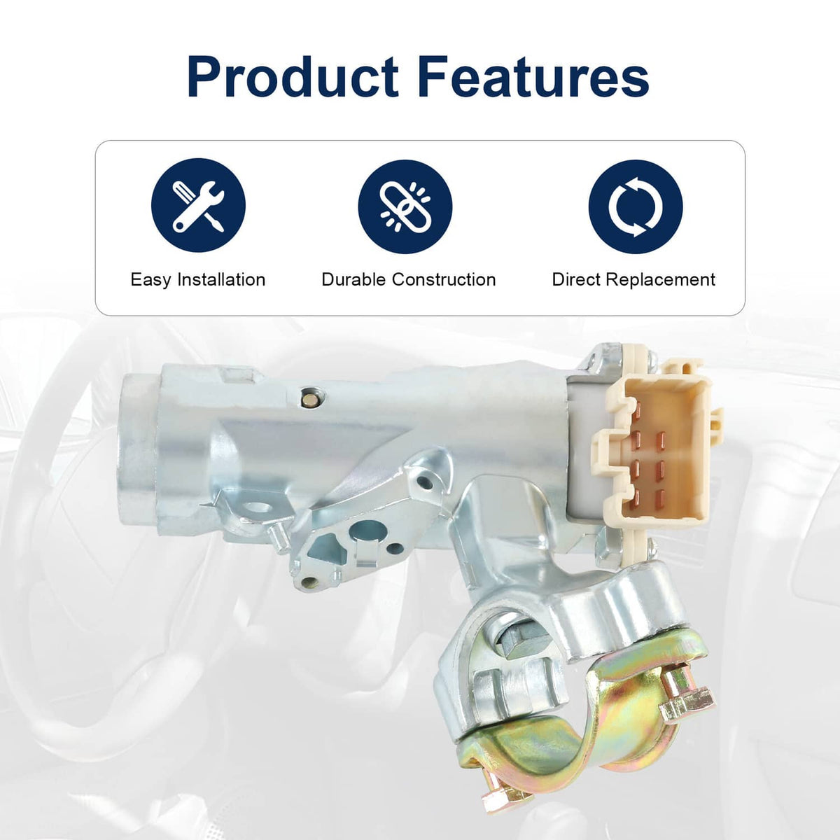 Ignition switch cylinder assembly with wiring connector and two keys, silver metal
